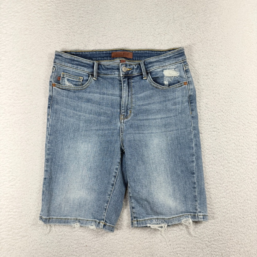 Judy Blue High Rise Waisted Distressed Hem Bermuda Denim Shorts L (W30x9) Blue